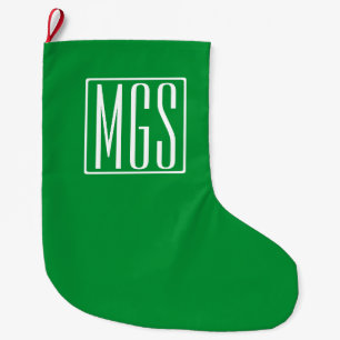 3 Initials Monogram   Green & White Large Christmas Stocking