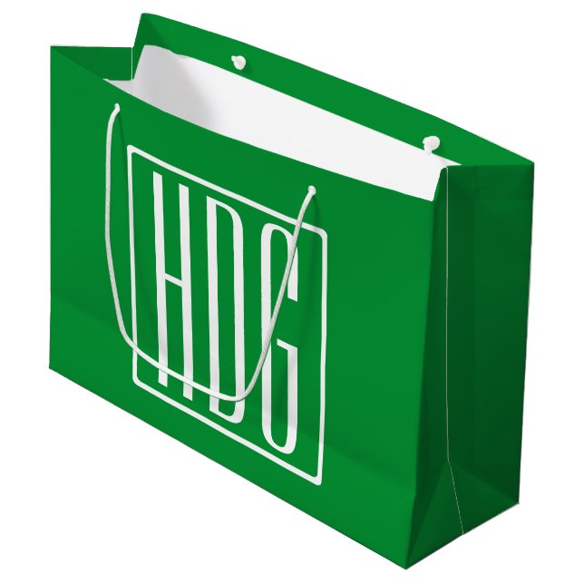 3 Initials Monogram | Green & White Large Gift Bag (Front Angled)