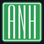 3 Initials Monogram | Green & White Square Sticker<br><div class="desc">Customise with your initials.</div>