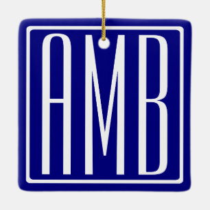 3 Initials Monogram   Navy Blue & White Ceramic Ornament