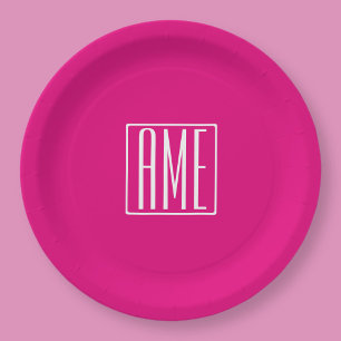 3 Initials Monogram   White On Hot Pink Paper Plate