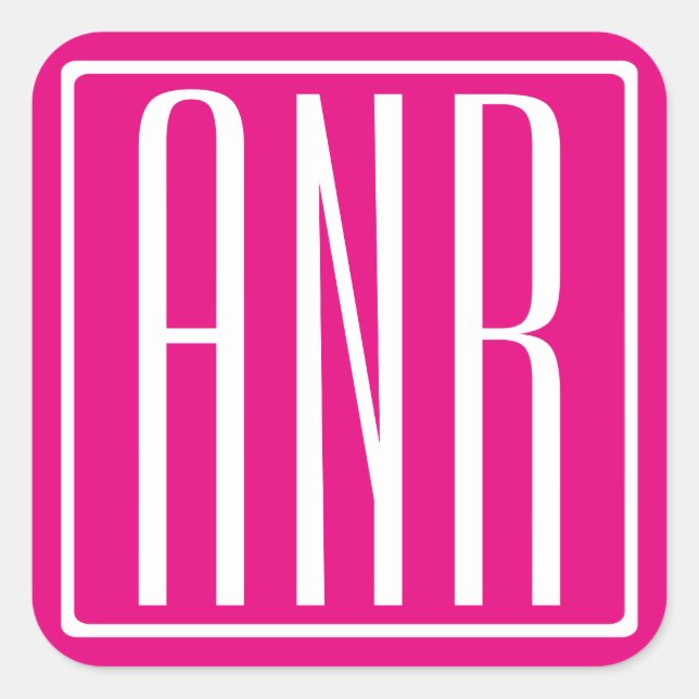 3 Initials Monogram | White On Hot Pink Square Sticker (Front)