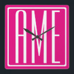 3 Initials Monogram | White On Hot Pink Square Wall Clock<br><div class="desc">Cool & modern.</div>