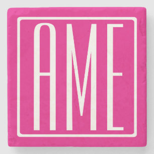 3 Initials Monogram   White On Hot Pink Stone Coaster