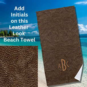 3 Letter Monogram Initial Beige Brown Leather Look Beach Towel