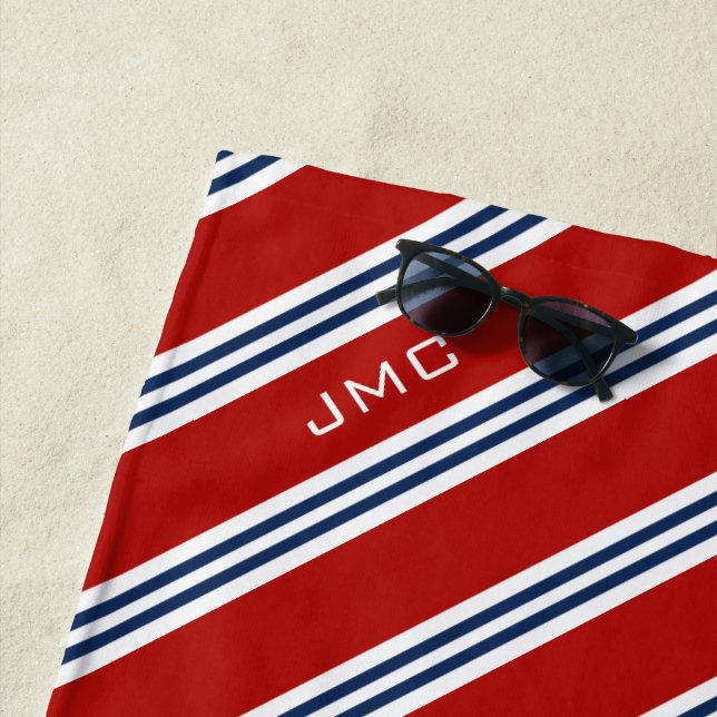 3-Letter Monogram Red and Blue Stripes Beach Towel (In Situ)