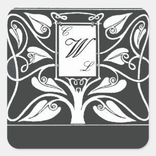 3 Letter Monogram with Black and White Leaves Square Sticker