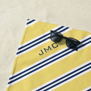 3-Letter Monogram Yellow and Blue Stripes Beach Towel