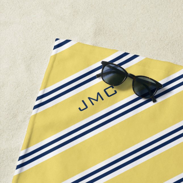 3-Letter Monogram Yellow and Blue Stripes Beach Towel (In Situ)