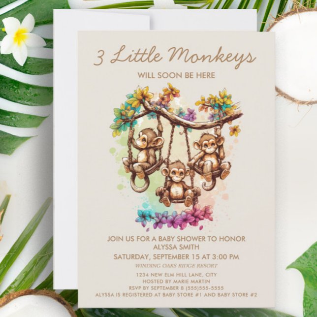 3 Little Monkeys Triplet Baby Shower Invitation (Creator Uploaded)