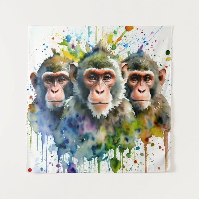 3 Monkeys Colourful Watercolor Art Tapestry (Front)
