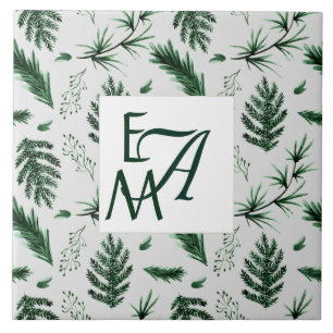 3 Monogram Forest Green Leaves Home Decor Newlywed Tile