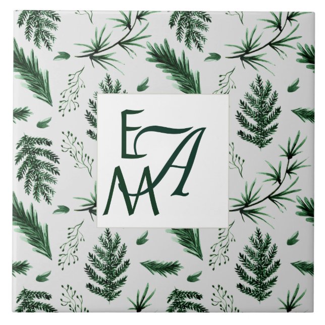 3 Monogram Forest Green Leaves Home Decor Newlywed Tile (Front)
