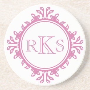 3 monogram royal letter pink white leaf border coaster