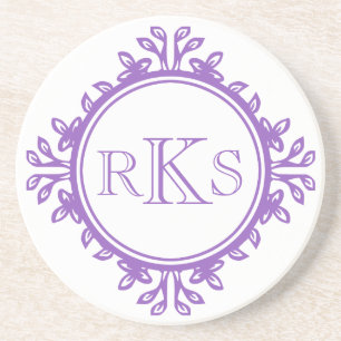 3 monogram royal letter purple violet leaf border coaster