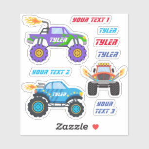 3 Monster Trucks With Flames, Names & Text Lines
