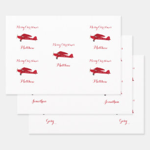 3 Name Set Merry Christmas Personalized Airplane Wrapping Paper Sheet