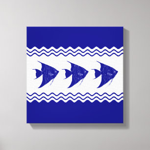 3 Navy Blue And White Coastal Decor Angelfish