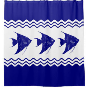 3 Navy Blue And White Coastal Decor Angelfish Shower Curtain