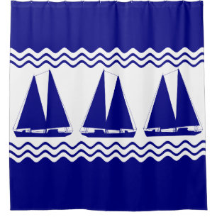 3 Navy Blue And White Coastal Decor Sailboats Shower Curtain