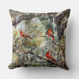3 Northern Cardinals in Tree Cushion
