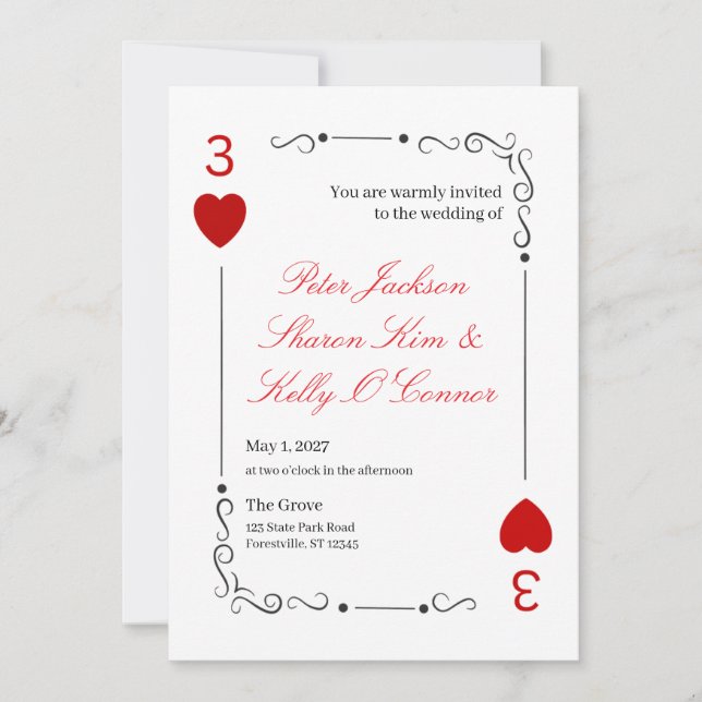 3 of Hearts Throuple Wedding Invitation (Front)