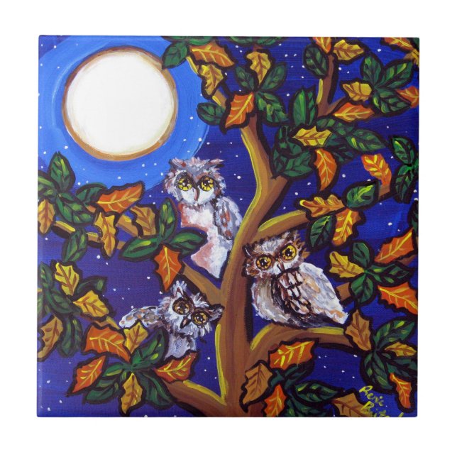 3 Owls Moon Whimsical Folk Art Tile (Front)