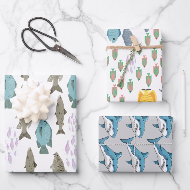 3-Pack Cartoon Reef Fish & Shark Wrapping Paper (Front)