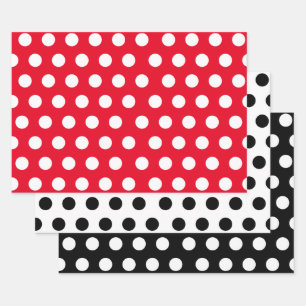 3 Pack: Polka Dots on White & Black & Red Wrapping Paper Sheet