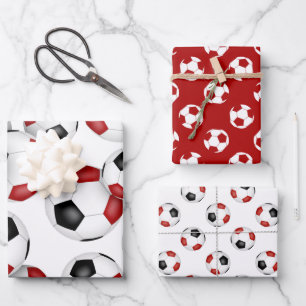 3 pc coordinating red black team colours soccer wrapping paper sheet