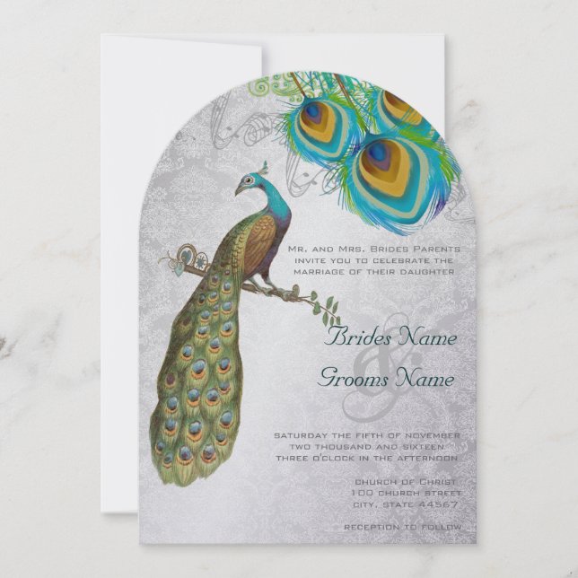 3 Peacock Feathers Art Deco Wedidng Invite (Front)