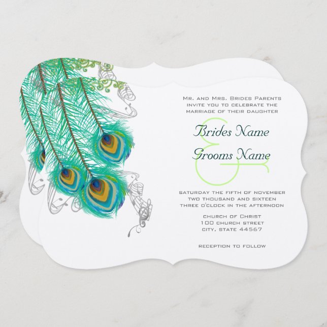 3 Peacock Feathers  Wedidng Invite (Front/Back)