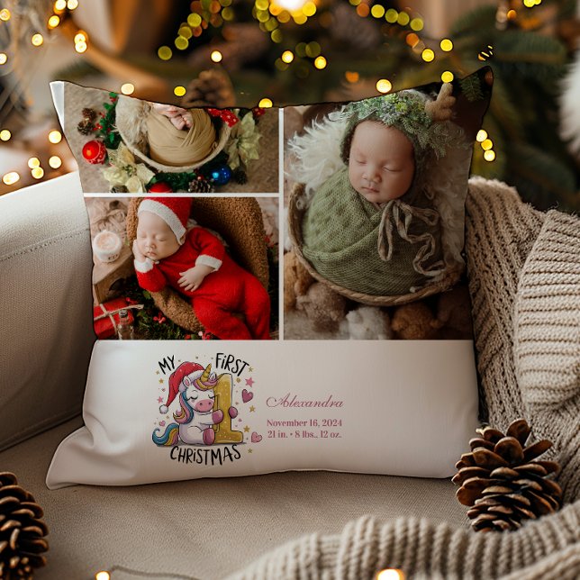3 Photo 1st Baby Christmas Pink Gold Unicorn Cushion (Creator Uploaded)