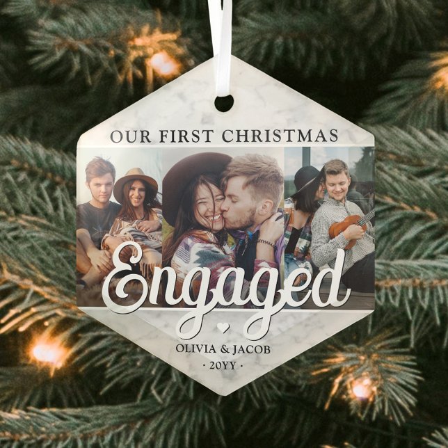 3 Photo 1st Christmas Engaged Faux Marble Hexagon Glass Tree Decoration (Creator Uploaded)