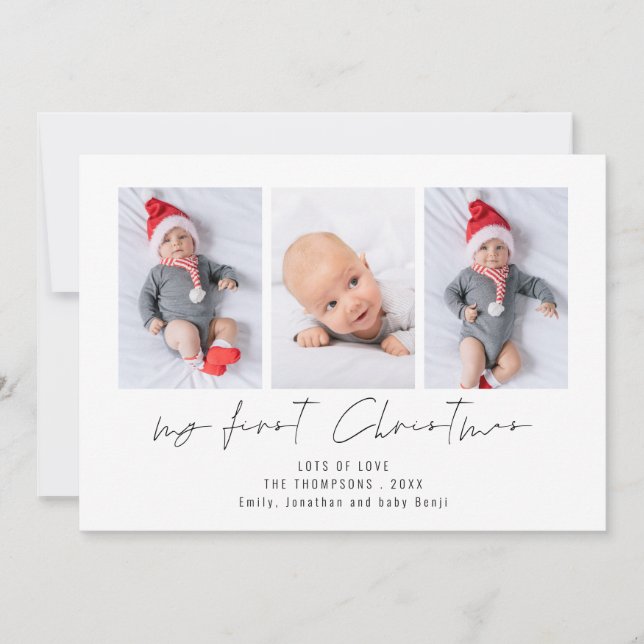 3 Photo 2026 Calendar Baby 1st Christmas Holiday Card (Front)