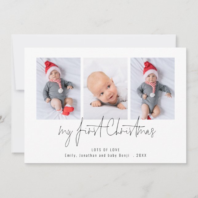 3 Photo 2026 Calendar Baby First Christmas Holiday Card (Front)