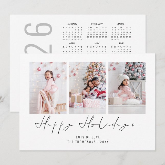 3 Photo 2026 Calendar Christmas Happy Holidays Holiday Card (Front/Back)