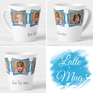 3 photo add your text blue latte mug