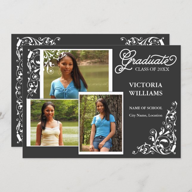 3 Photo and Swirls Graduation Announcement (Front/Back)