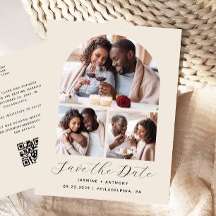 3-Photo Arch Collage QR Code Beige Save the Date Postcard