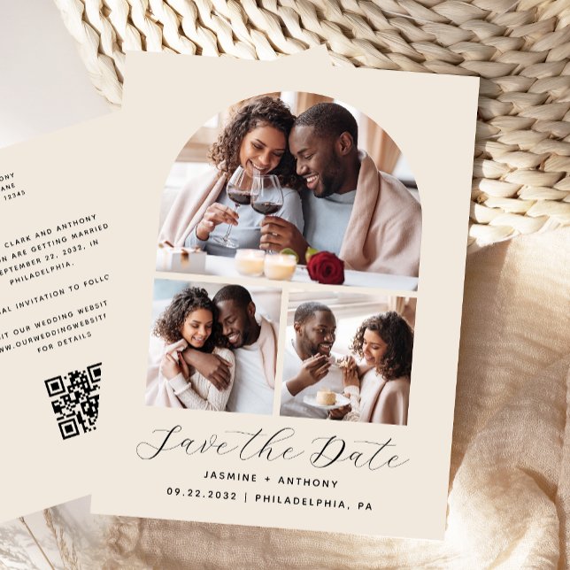 3-Photo Arch Collage QR Code Beige Save the Date Postcard (Creator Uploaded)