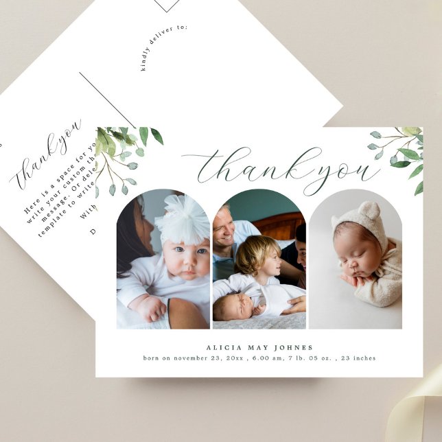 3 Photo Arch Elegant Greenery New Baby Thank You Postcard (Creator Uploaded)