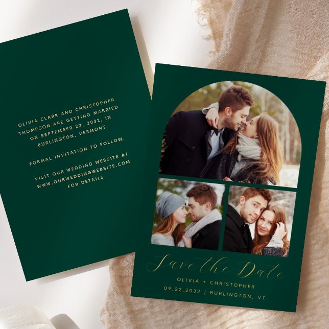 3-Photo Arch Emerald Green Gold Save the Date (Creator Uploaded)