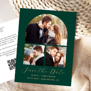 3-Photo Arch Emerald Green QR Code Save the Date Postcard