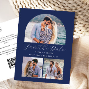 3 Photo Arch QR Code Navy Blue Save the Date Postcard