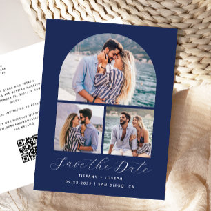 3 Photo Arch QR Code Navy Blue Save the Date Postcard