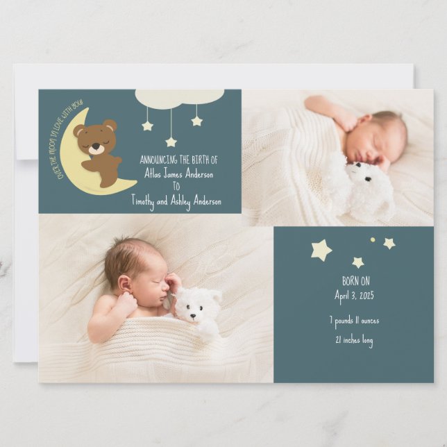 3 photo Birth Announcement Over the Moon Bear (Front)