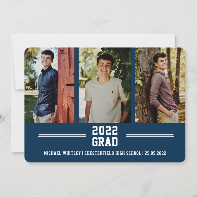 3 photo Blue Boy Grad Custom Text Graduation Announcement (Front)