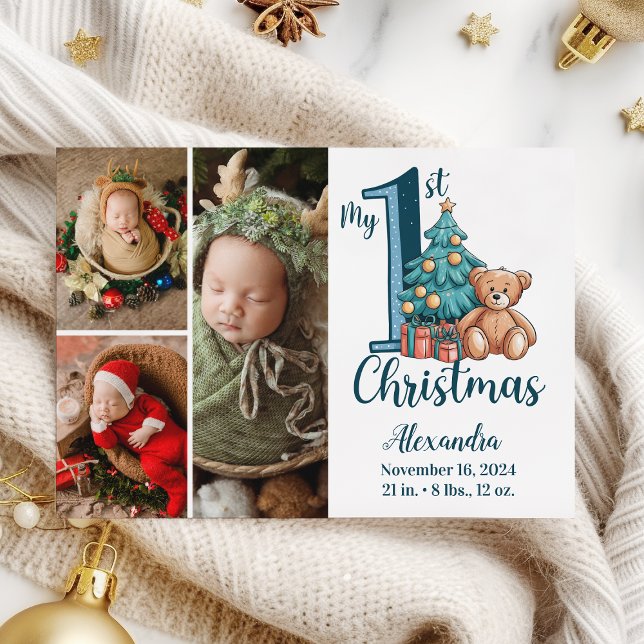 3 Photo Blue Teddy Baby 1st Christmas Holiday Card (Creator Uploaded)