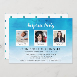 3 Photo Blue Watercolor Stylish Surprise Party Invitation